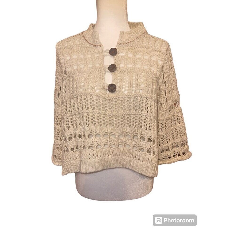 Free People Oversize Beige Chunky Knit Woven 3/4 Sleeve Sweater Size Medium